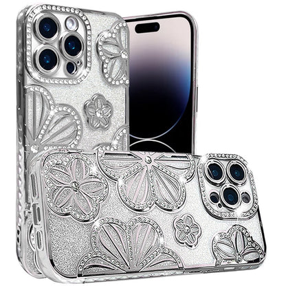 For Apple iPhone 16 Pro (6.3") Luxury Floral Design Sparkle Glitter Diamond Crystal Rhinestone Shimmer Bling Plating Thick TPU Hard PC Case Cover