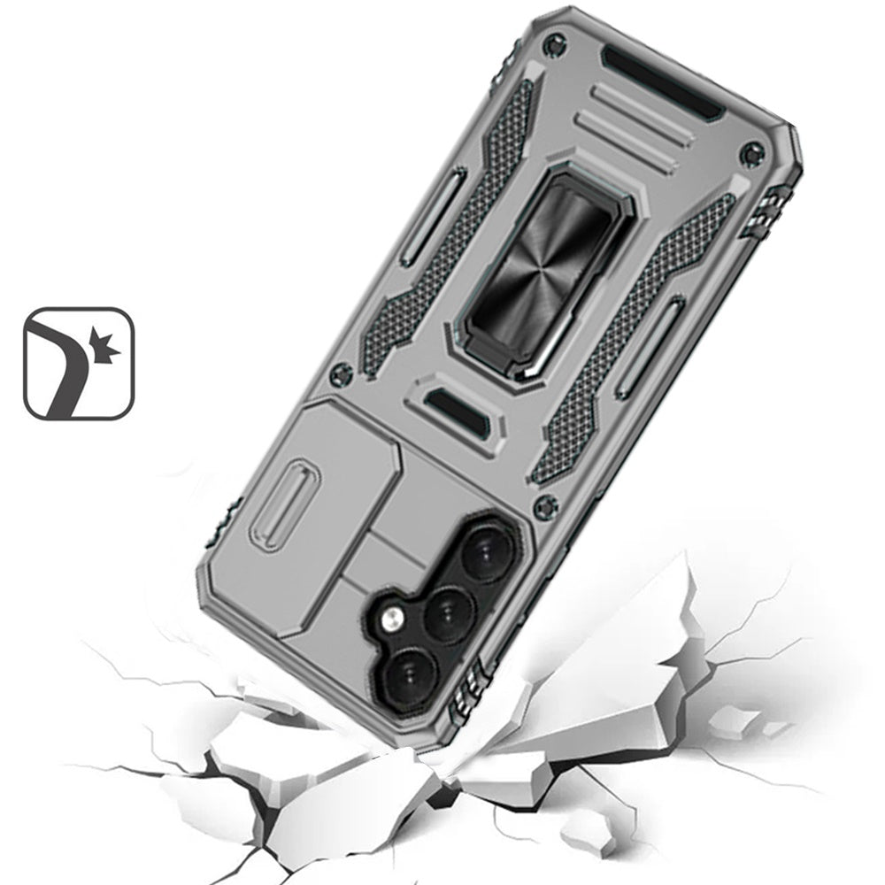 For Apple iPhone 16e Tough Hybrid Case with Movable Camera Window & Metal Ring Stand Shockproof Case Cover Gray