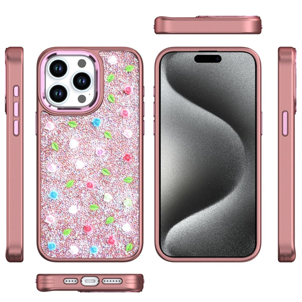 For Apple iPhone 16 Pro (6.3") Floral Design Embedded Glass Diamond Fancy Fashion Glitter Bling Sparkly Hybrid Rugged TPU Bumper Case Cover
