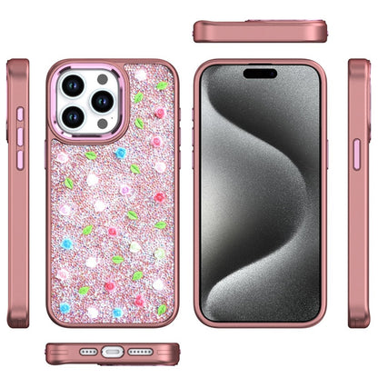 For Apple iPhone 16 Pro (6.3") Floral Design Embedded Glass Diamond Fancy Fashion Glitter Bling Sparkly Hybrid Rugged TPU Bumper Case Cover