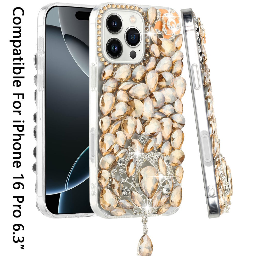 For Apple iPhone 16 Pro (6.3") Bling Crystal 3D Full Diamonds Jewelry Luxury Sparkle Rhinestone Glitter Hybrid Protective Case Cover