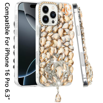 For Apple iPhone 16 Pro (6.3") Bling Crystal 3D Full Diamonds Jewelry Luxury Sparkle Rhinestone Glitter Hybrid Protective Case Cover