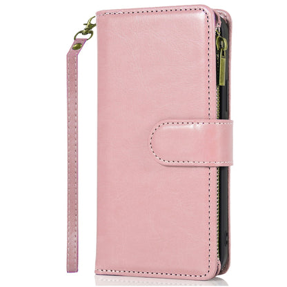 For Apple iPhone 16e Leather Wallet Case with Zipper, 9 Card Slots, Cash Pocket, Stand & Strap, Clutch Pouch Design Case Cover Rose Gold