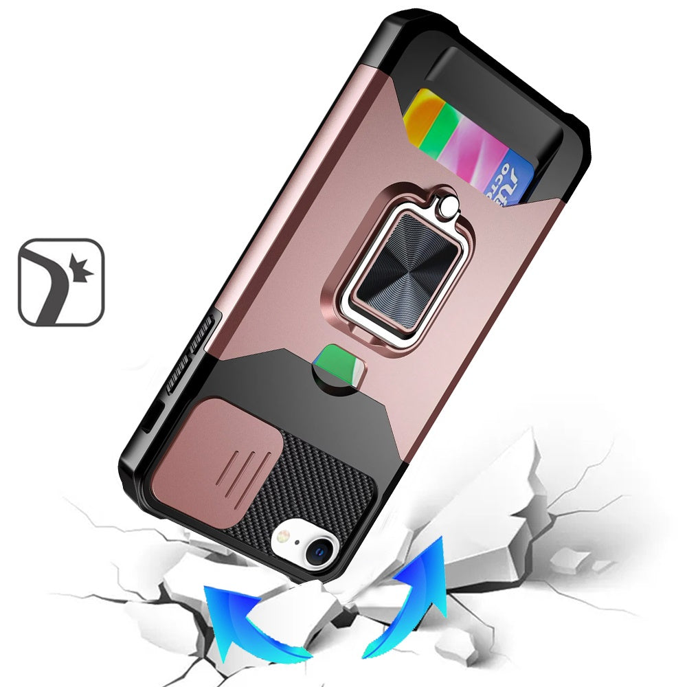 For Apple iPhone 16e Wallet Case with Ring Stand & Slide Camera Cover Back Credit Card Slot Holder, Military Grade Case Cover Rose Gold