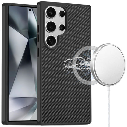 For Samsung Galaxy S24 Ultra Carbon Fiber Design with Magnetic HQ 2.0mm Thick Hybrid Shockproof Rubber Hard PC Case Cover Black