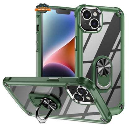 For Apple iPhone 15 Pro Max (6.7") Clear Transparent Hybrid with 360° Magnetic Ring Stand PC Heavy Duty Shockproof  Phone Case Cover