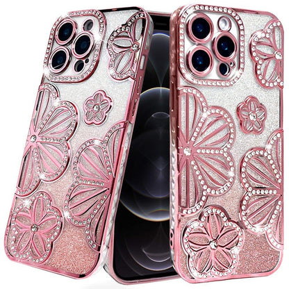For Samsung Galaxy A16 Luxury Flower Design Sparkle Glitter Diamond Rhinestone Shimmer Bling Plating Thick TPU Hard PC Case Cover Flower Rose Gold