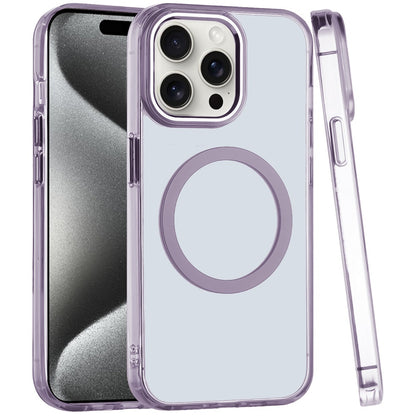 For Apple iPhone 16 (6.1") Transparent Back Hybrid Case - Magnetic Circle, Color Frame, Metal Buttons, MagSafe Compatible Case Cover Light Purple