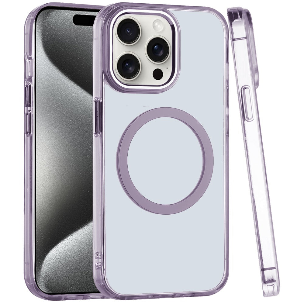 For Apple iPhone 14 Pro Max Transparent Back Hybrid Case - Magnetic Circle, Color Frame, Metal Buttons, MagSafe Compatible Case Cover