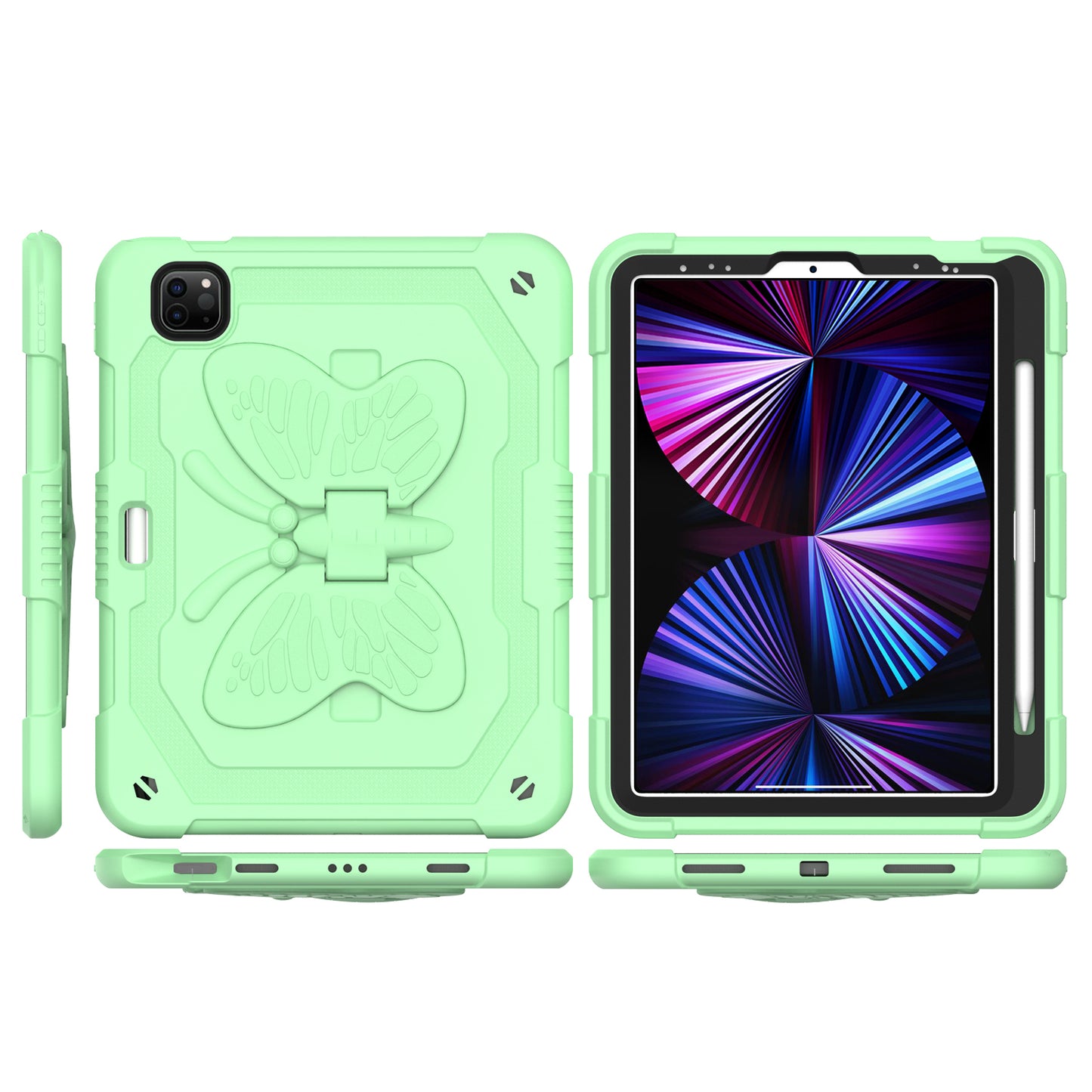 For Butterfly Wings Kickstand 3in1 Tough Hybrid with Pencil Holder Heavy Duty Rugged Shockproof Full Protective Green Tablet Case Cover