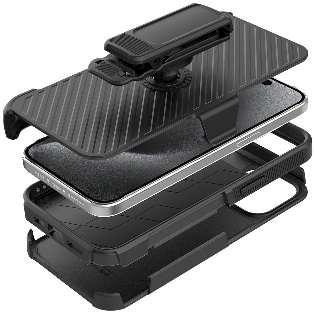 For Apple iPhone 16e Premium Tough Hybrid Case with Belt Clip Holster, Shockproof Rugged Design, Textured 2in1 Non-Slip Case Cover Black