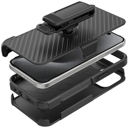For Apple iPhone 16e Premium Tough Hybrid Case with Belt Clip Holster, Shockproof Rugged Design, Textured 2in1 Non-Slip Case Cover Black