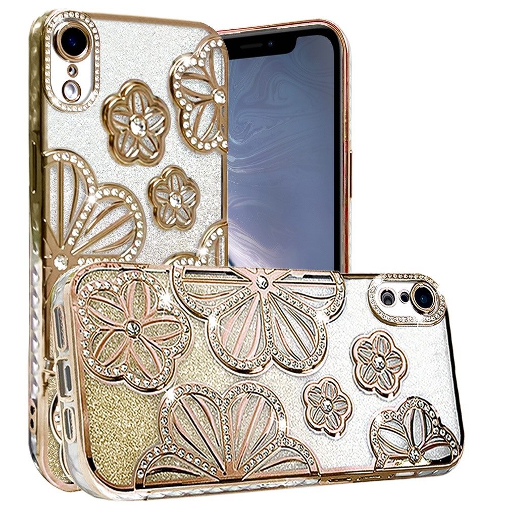 For Apple iPhone XR Luxury Floral Design Sparkle Glitter Diamond Crystal Rhinestone Shimmer Bling Plating Thick TPU Hard PC Case Cover