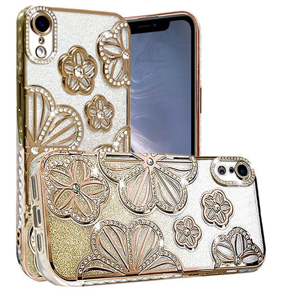 For Apple iPhone XR Luxury Floral Design Sparkle Glitter Diamond Crystal Rhinestone Shimmer Bling Plating Thick TPU Hard PC Case Cover