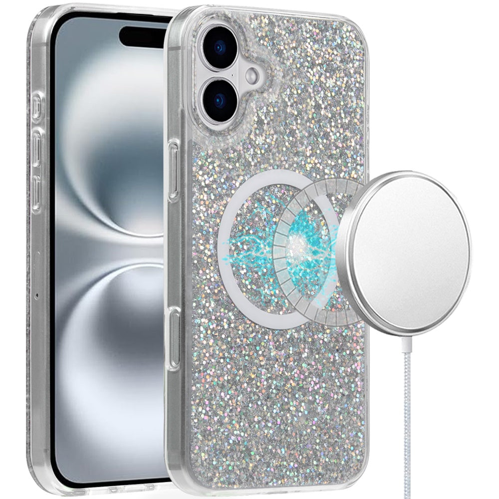 For Apple iPhone 16 Pro Max (6.9") Transparent Epoxy Glitter Magnetic Circle Compatible with MagSafe Hybrid Bling Sparkle Hard PC Slim TPU Case Cover