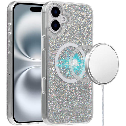 For Apple iPhone 16 Pro Max (6.9") Transparent Epoxy Glitter Magnetic Circle Compatible with MagSafe Hybrid Bling Sparkle Hard PC Slim TPU Case Cover