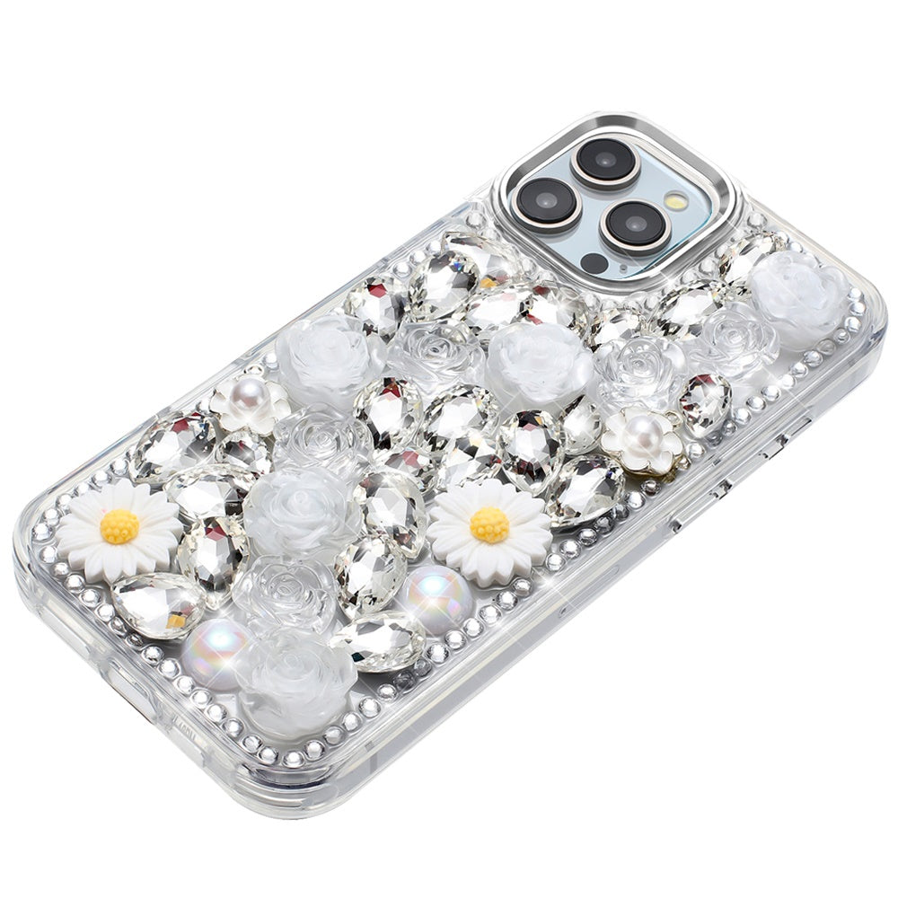 For Motorola Moto G Stylus 5G 2025 Fashion Daisy Floral Series, Full 3D Bling Crystal Diamonds Sparkling Rhinestone Glitter Hybrid Design Case Cover