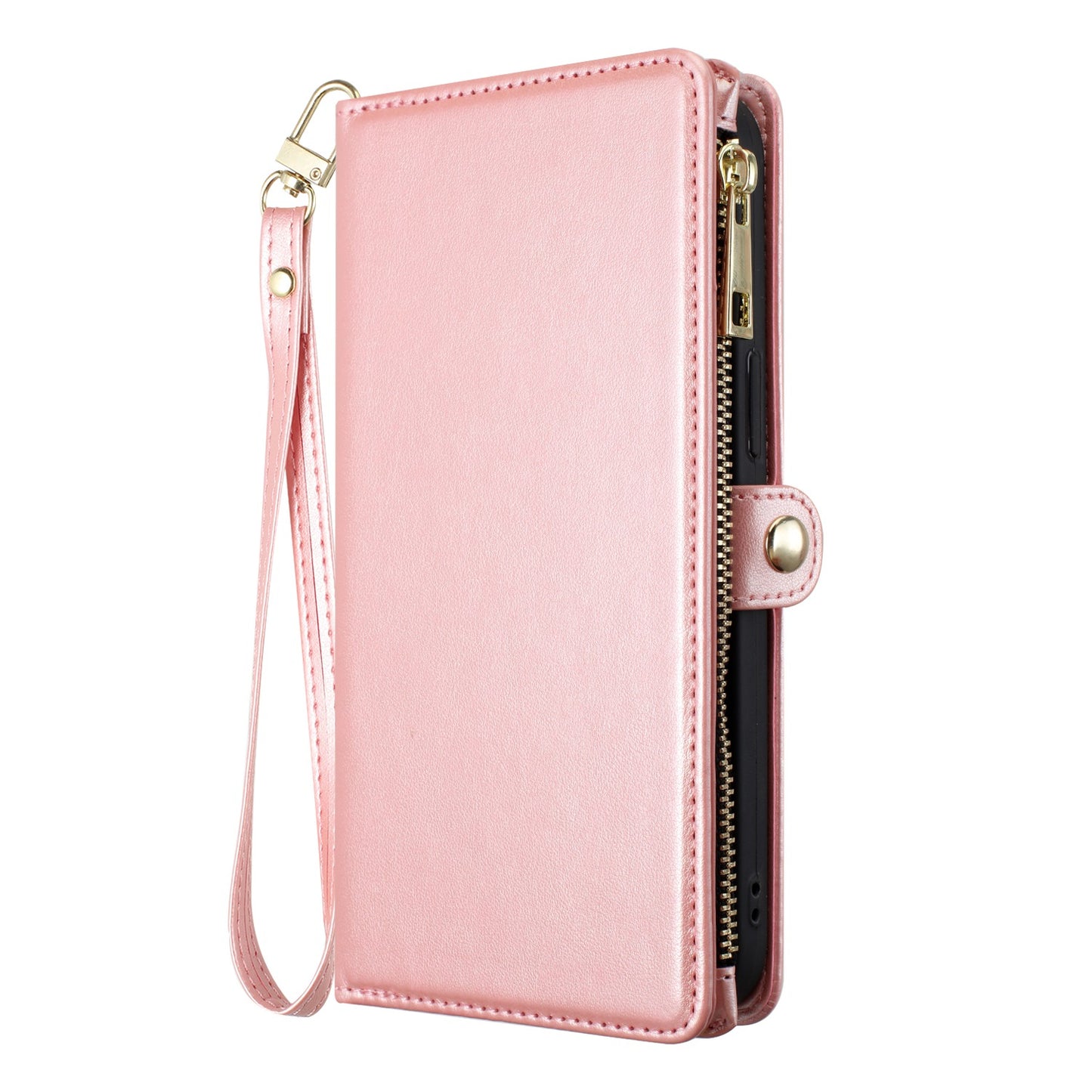 For Apple iPhone SE 4 Wallet Purse Stylish Design with Credit Card & ID Slots, Durable Zipper Storage, Adjustable Lanyard Case Cover Rose Gold