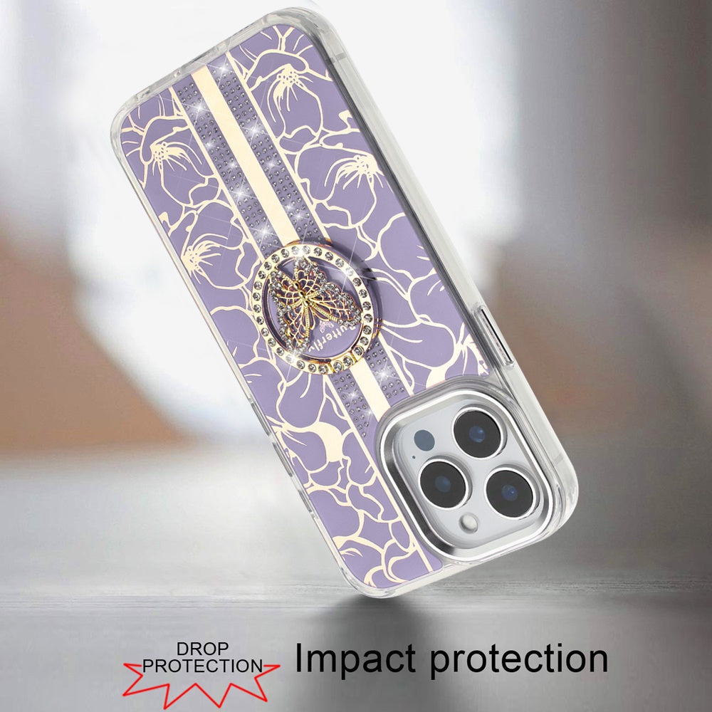 For Motorola Moto G 5G 2025 Diamonds 3D Butterfly Floral Design Bling Sparkly Glitter Hybrid Metal Fashion with Ring Stand Case Cover Purple