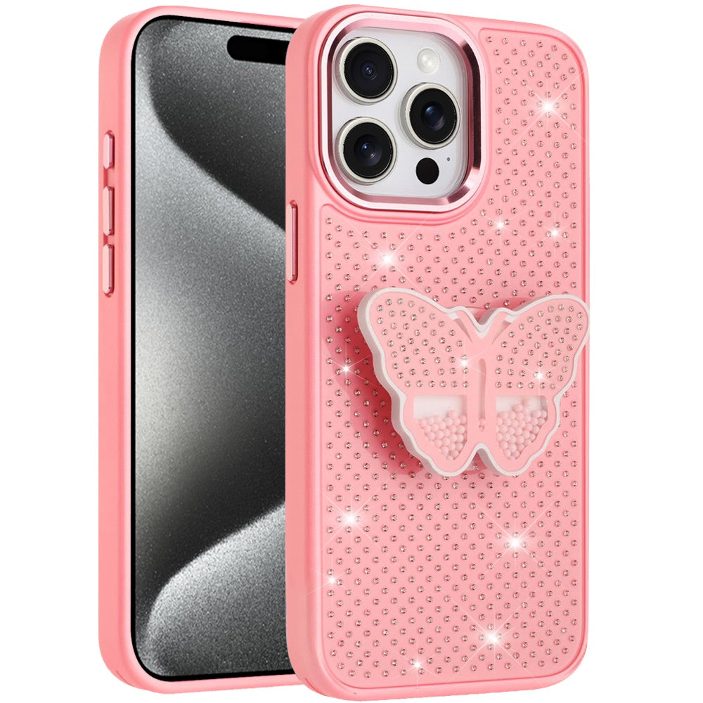 For Apple iPhone 14 Pro Max Butterfly Moveable Grip 3D Pop Stand Full Diamond Bling Sparkling TPU Fashion Hybrid Case Cover
