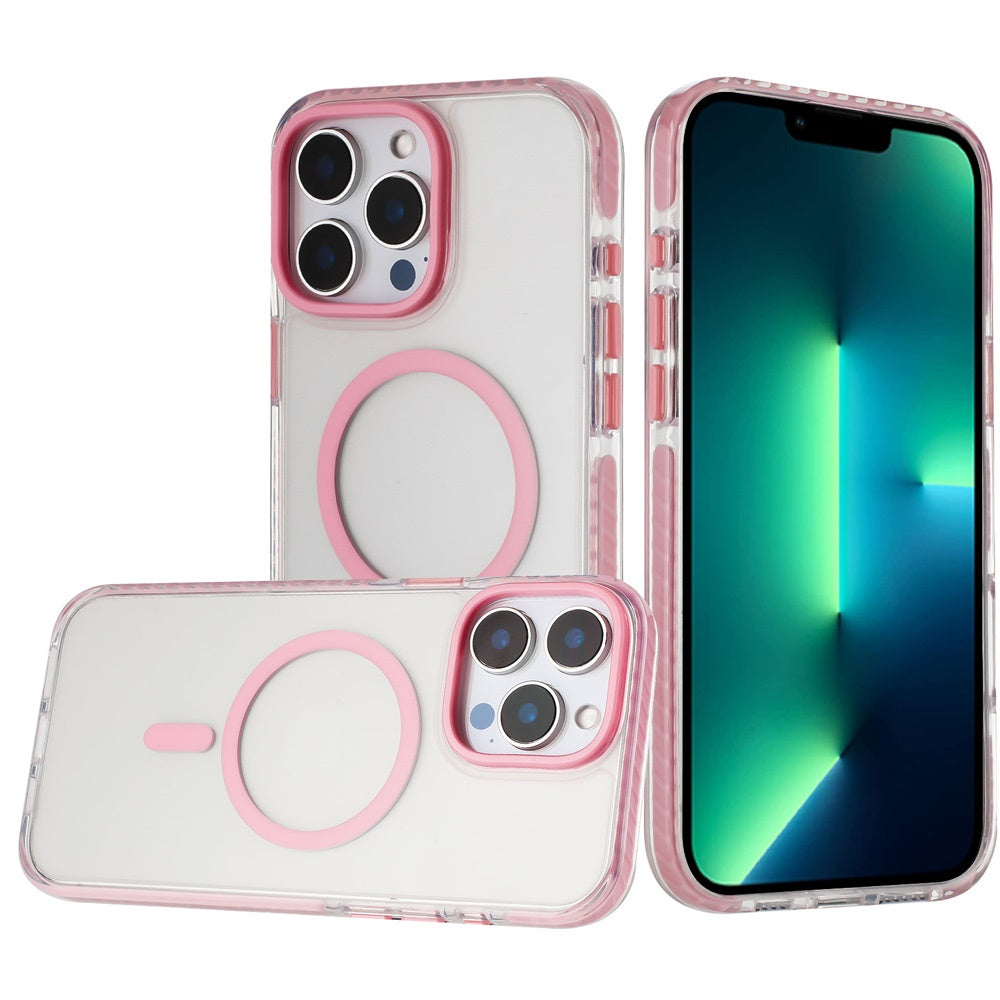 For Apple iPhone 14 Pro Max Transparent Hybrid with Color-Matched Magnetic Circle, Rubber TPU Frame Hard PC Shockproof Case Cover