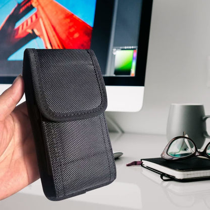 For Apple iPhone 16 (6.1") Vertical Nylon Canvas Holster Universal Cell Phone Pouch Velcro Closure with Credit Card Slot & Belt Clip Loop Carabiner [Black]