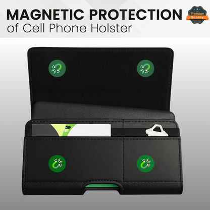 Universal Magnetic Leather Phone Pouch Case with Belt Clip, Card Slot Holder, Secure Magnetic Closure, Soft Lining Protection, Fits Most 5.7" - 6.3" Smartphones Case Cover Black