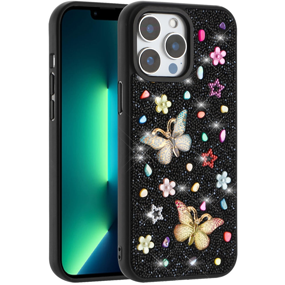 For Apple iPhone 16 Pro (6.3") Diamond Butterfly 3D Glitter Bling Design, Slim Hybrid Sparkle Protective Cover TPU for Women Girls Case Cover