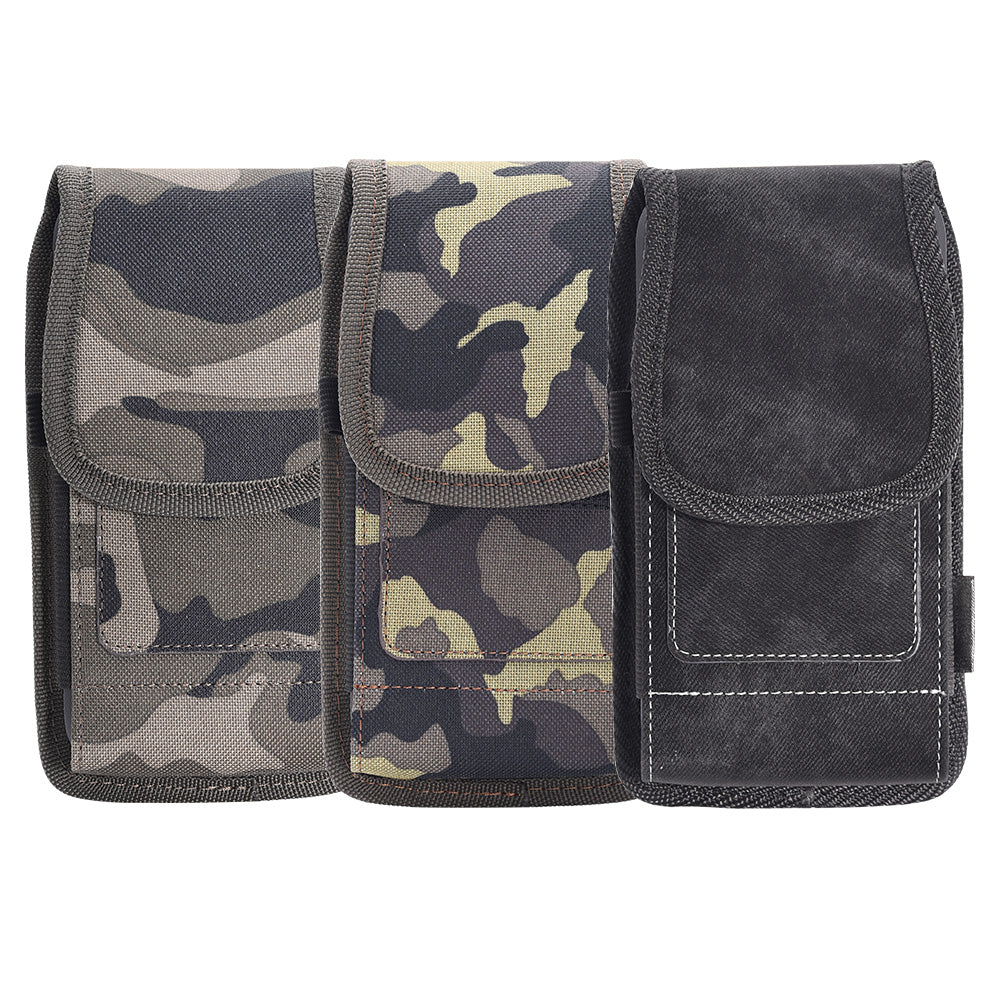 For Apple iPhone 16 Pro (6.3") Universal Vertical Denim Fabric Case Holster with 2 Card Slots, Pen Holder, Belt Clip Loop & Hook Carrying Large Phone Pouch [Black Denim]