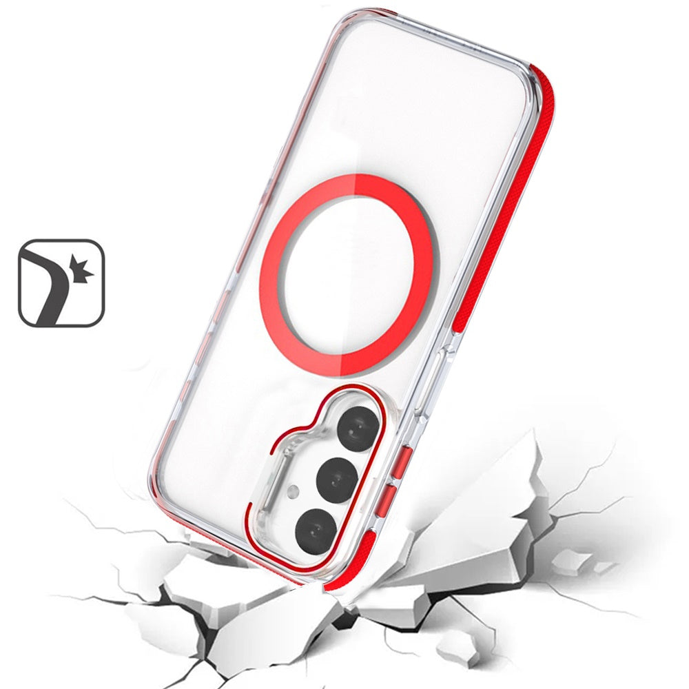 For Samsung Galaxy A17 5G Hybrid Clear Back Case with Invisible Camera Bracket Stand, MagSafe Magnetic Circle, Shockproof Color Frame Case Cover Red