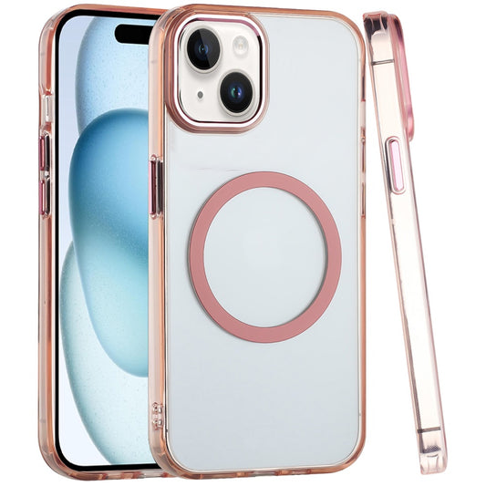For Apple iPhone 14 Pro Transparent Back Hybrid Case - Magnetic Circle, Color Frame, Metal Buttons, MagSafe Compatible Case Cover Rose Gold