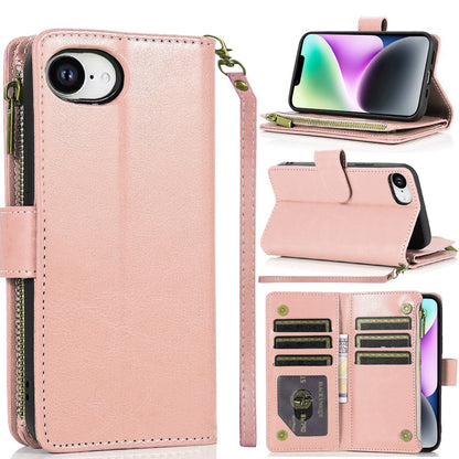 For Apple iPhone 16e Leather Wallet Case with Zipper, 9 Card Slots, Cash Pocket, Stand & Strap, Clutch Pouch Design Case Cover Rose Gold