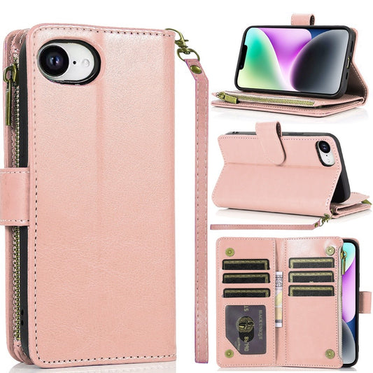 For Apple iPhone 16e Leather Wallet Case with Zipper, 9 Card Slots, Cash Pocket, Stand & Strap, Clutch Pouch Design Case Cover Rose Gold
