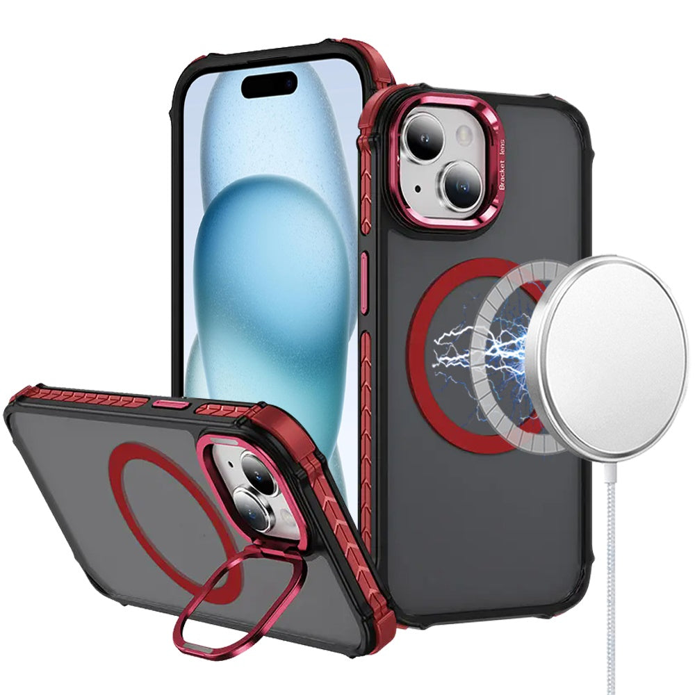 For Apple iPhone 15 Hybrid Metal Camera Stand Ring Sturdy, Compatible with MagSafe, Matte Hard TPU Colorful Edge Case Cover