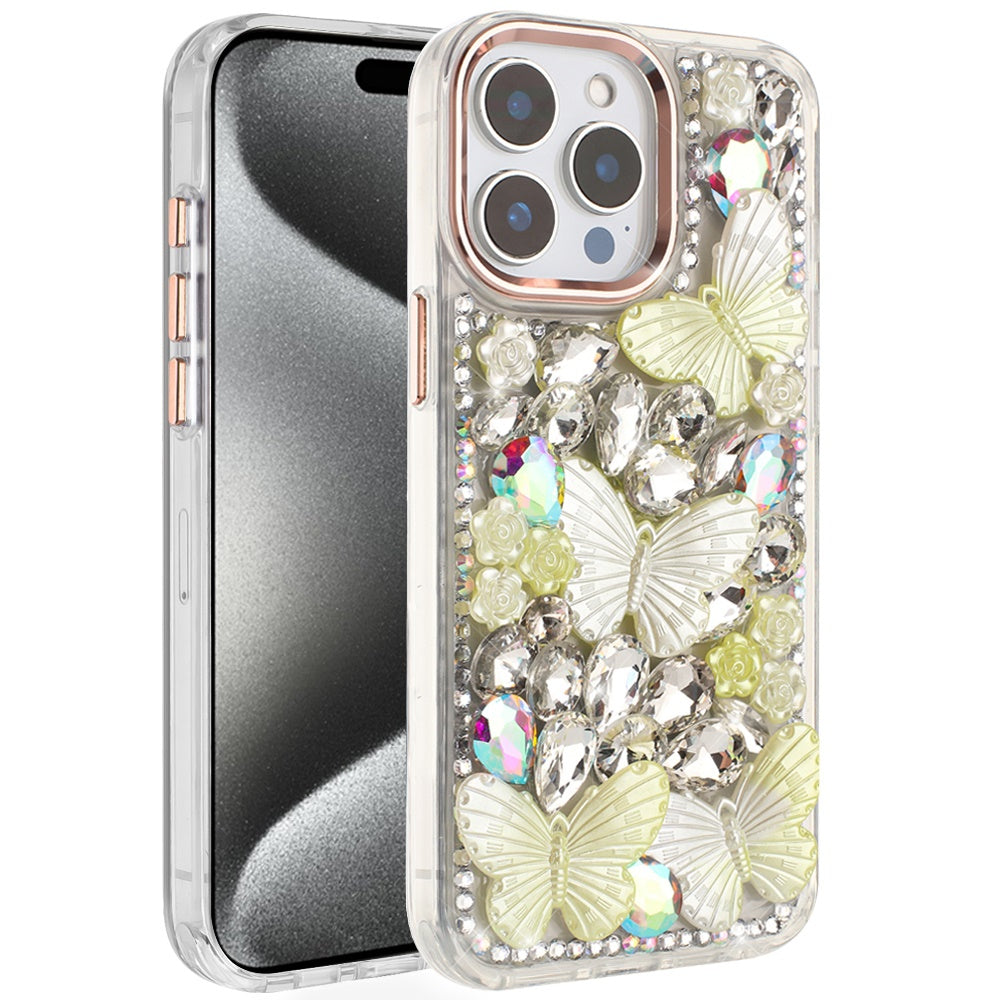 For Apple iPhone 16 Pro Max 3D Diamond Floral Butterfly Bling Stone Hybrid, Sparkly Rhinestone Gemstone Back Shockproof Case Cover