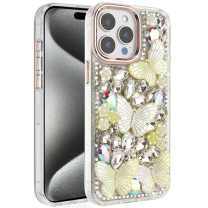 For Apple iPhone 16 Pro Max 3D Diamond Floral Butterfly Bling Stone Hybrid, Sparkly Rhinestone Gemstone Back Shockproof Case Cover