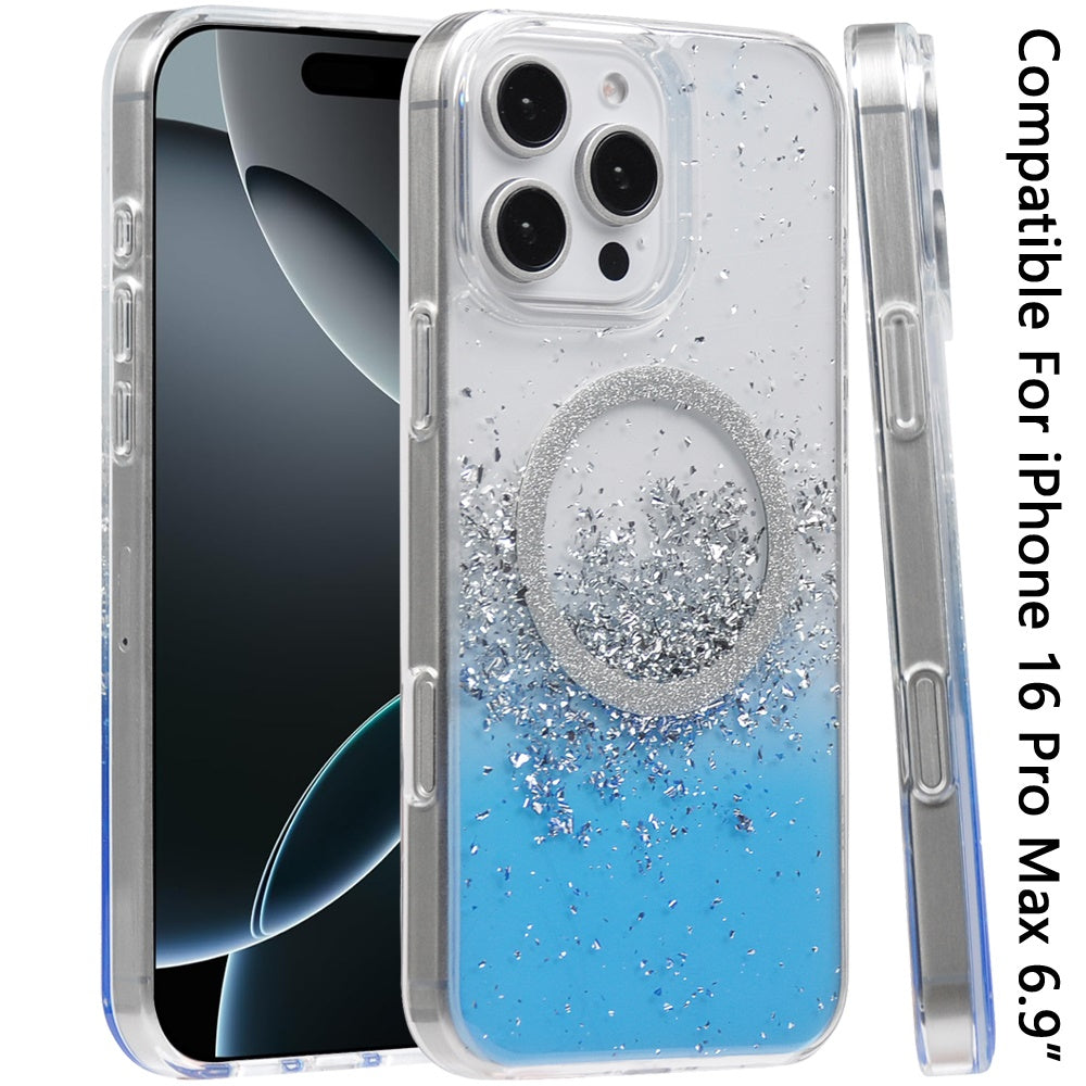 For Apple iPhone 16 Pro Max (6.9") Transparent Epoxy Glitter Magnetic Circle Compatible with MagSafe Hybrid Bling Sparkle Hard PC Slim TPU Case Cover
