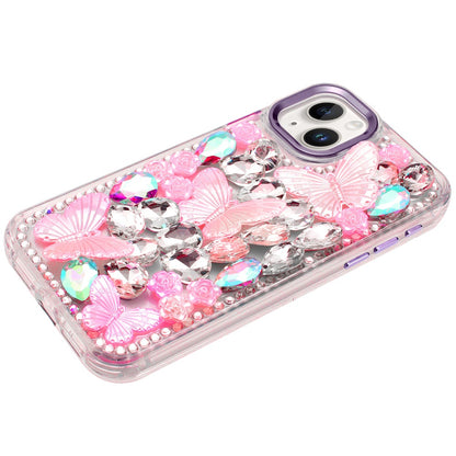 For Apple iPhone 16 (6.1") 3D Diamond Floral Butterfly Bling Stone Hybrid, Sparkly Rhinestone Gemstone Back Shockproof Case Cover