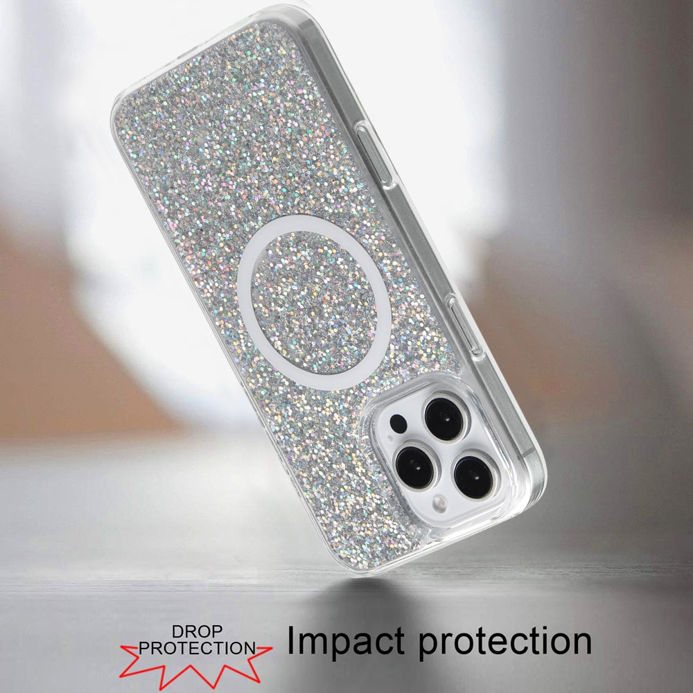 For Apple iPhone 16 Pro Max (6.9") Transparent Epoxy Glitter Magnetic Circle Compatible with MagSafe Hybrid Bling Sparkle Hard PC Slim TPU Case Cover