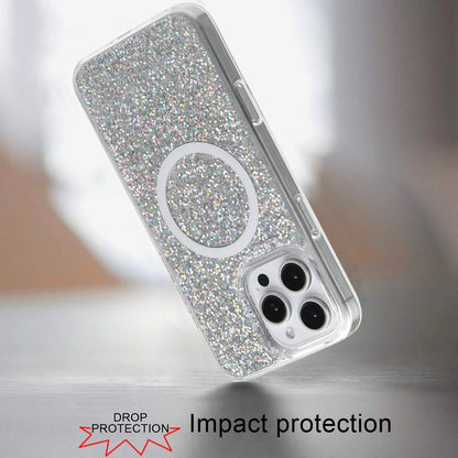 For Apple iPhone 16 Pro Max (6.9") Transparent Epoxy Glitter Magnetic Circle Compatible with MagSafe Hybrid Bling Sparkle Hard PC Slim TPU Case Cover
