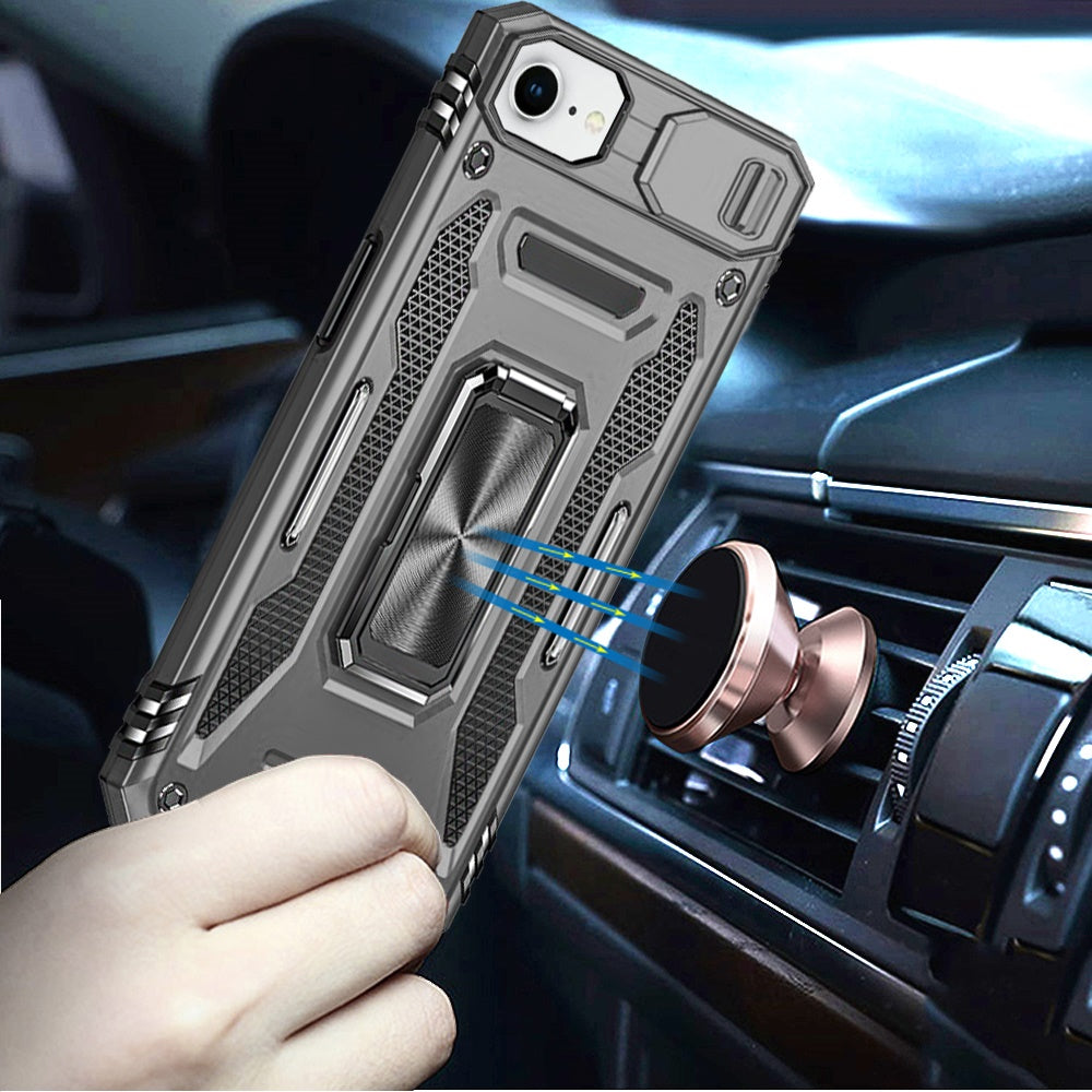 For Apple iPhone 16e Tough Hybrid Case with Movable Camera Window & Metal Ring Stand Shockproof Case Cover Gray