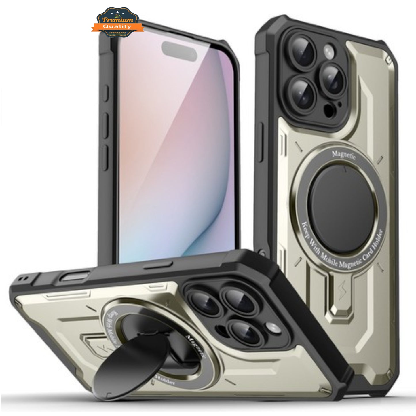 For Apple iPhone 16 Pro (6.3") Hybrid Tuff Case with Folding Stand Magnetic Holder Compatible with MagSafe [Military Shockproof] Case Cover