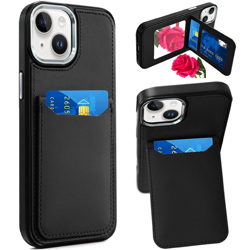 For Apple iPhone 14 Plus PU Leather Wallet Cover with Credit Card Holder, Kickstand & Mirror Inside Slim Fit TPU & PC Hybrid Design Case Cover