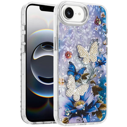 For Apple iPhone 16e Epoxy Glitter Flowers Bling 3D Butterfly Fashion TPU Hybrid with Shockproof Protection Case Cover