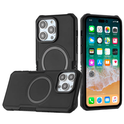 For Apple iPhone 16 (6.1") Hybrid Armor Grip Metal Ring Compatible with MagSafe [Magnetic Circle] Wireless Charging Shockproof Case Cover