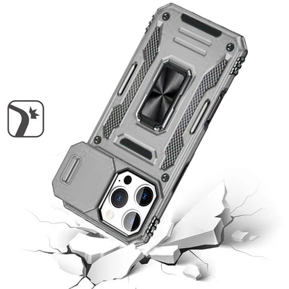 For Apple iPhone 16e Tough Hybrid Case with Movable Camera Window & Metal Ring Stand Shockproof Case Cover Gray