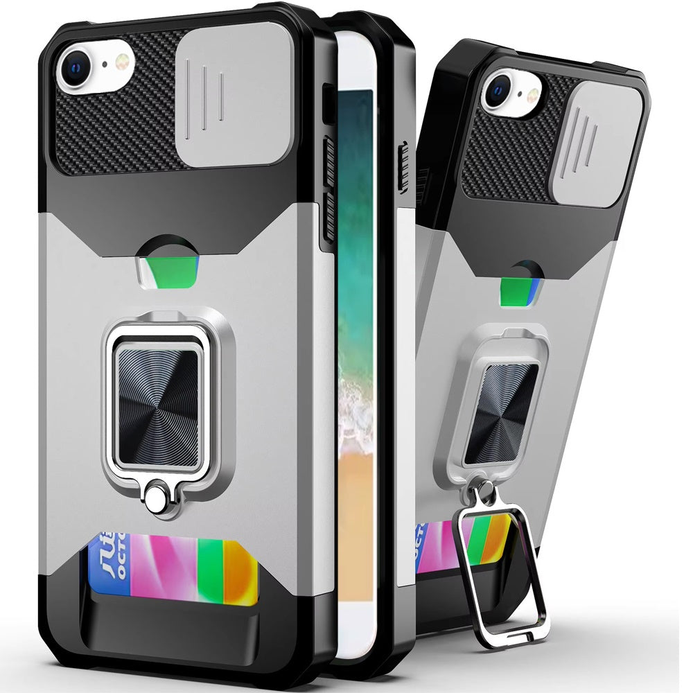 For Apple iPhone 16e Wallet Case with Ring Stand & Slide Camera Cover Back Credit Card Slot Holder, Military Grade Case Cover Silver