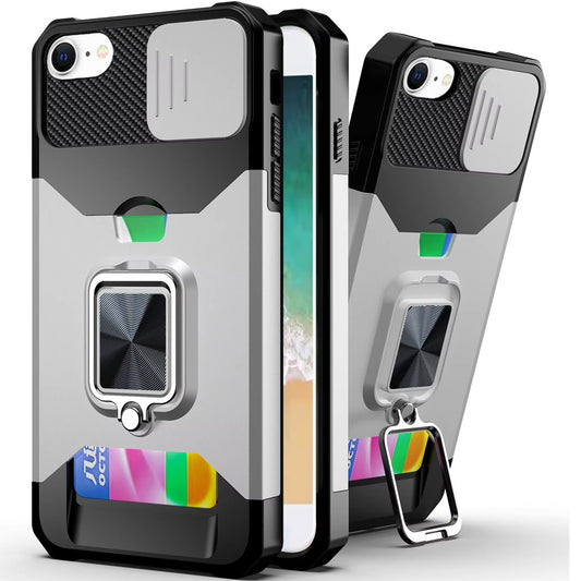 For Apple iPhone 16e Wallet Case with Ring Stand & Slide Camera Cover Back Credit Card Slot Holder, Military Grade Case Cover Silver
