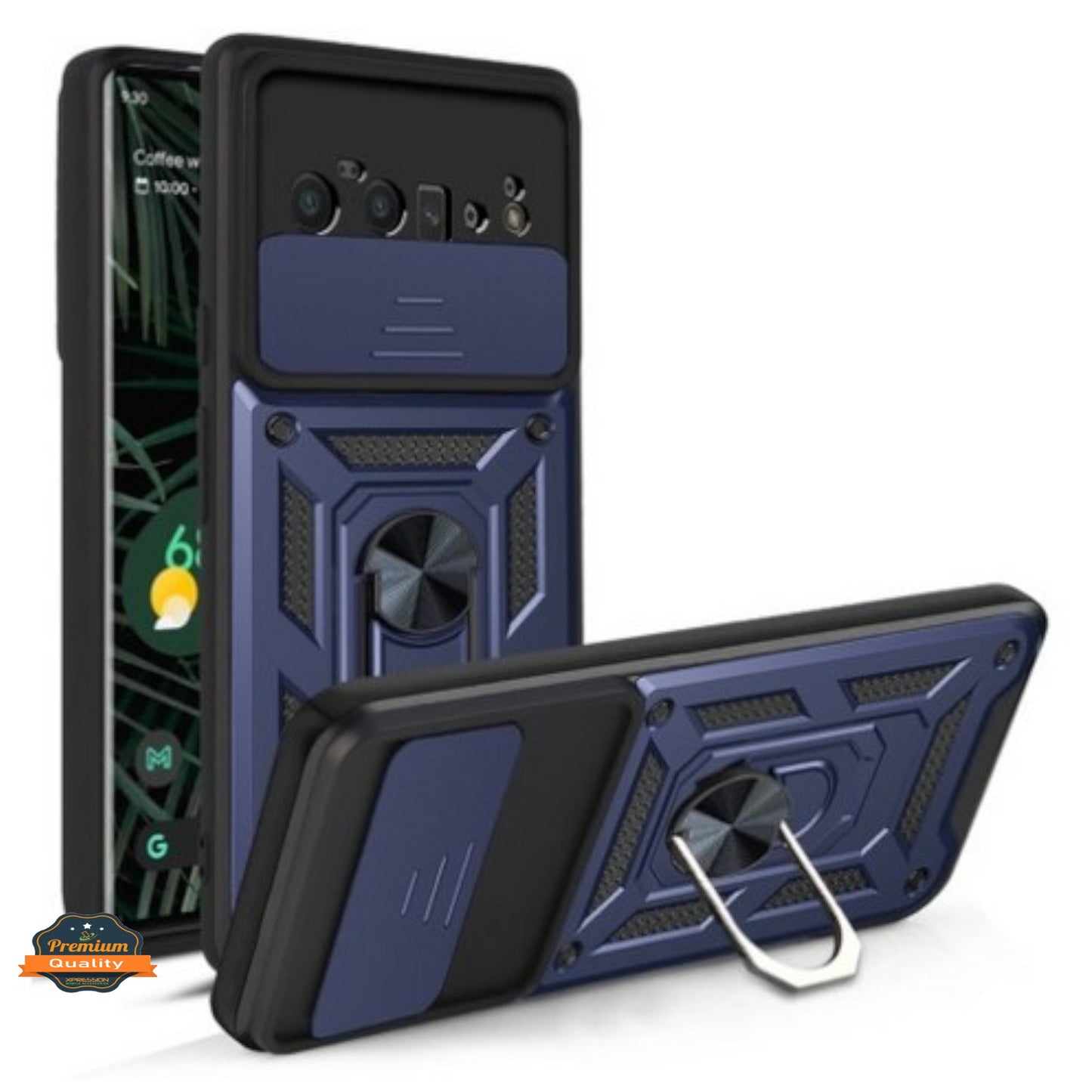 For Google Pixel 9 /9 Pro (6.3") Built in Sliding Camera Lens Protection & Finger Ring Stand Holder Hybrid TPU PC Shockproof Case Cover