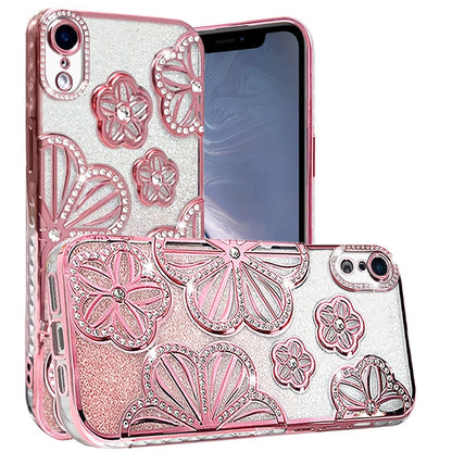 For Apple iPhone XR Luxury Floral Design Sparkle Glitter Diamond Crystal Rhinestone Shimmer Bling Plating Thick TPU Hard PC Case Cover